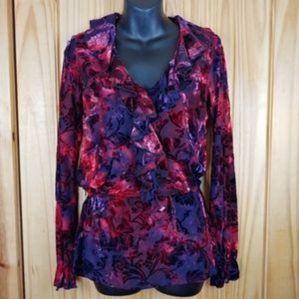 Sno Skins Velvet Burn-Out Ruffle Front Blouse